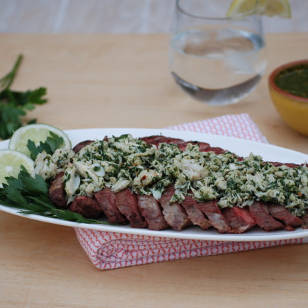 Grilled Steak with Crab Chimichurri Recipe—Argentine Deliciousness!