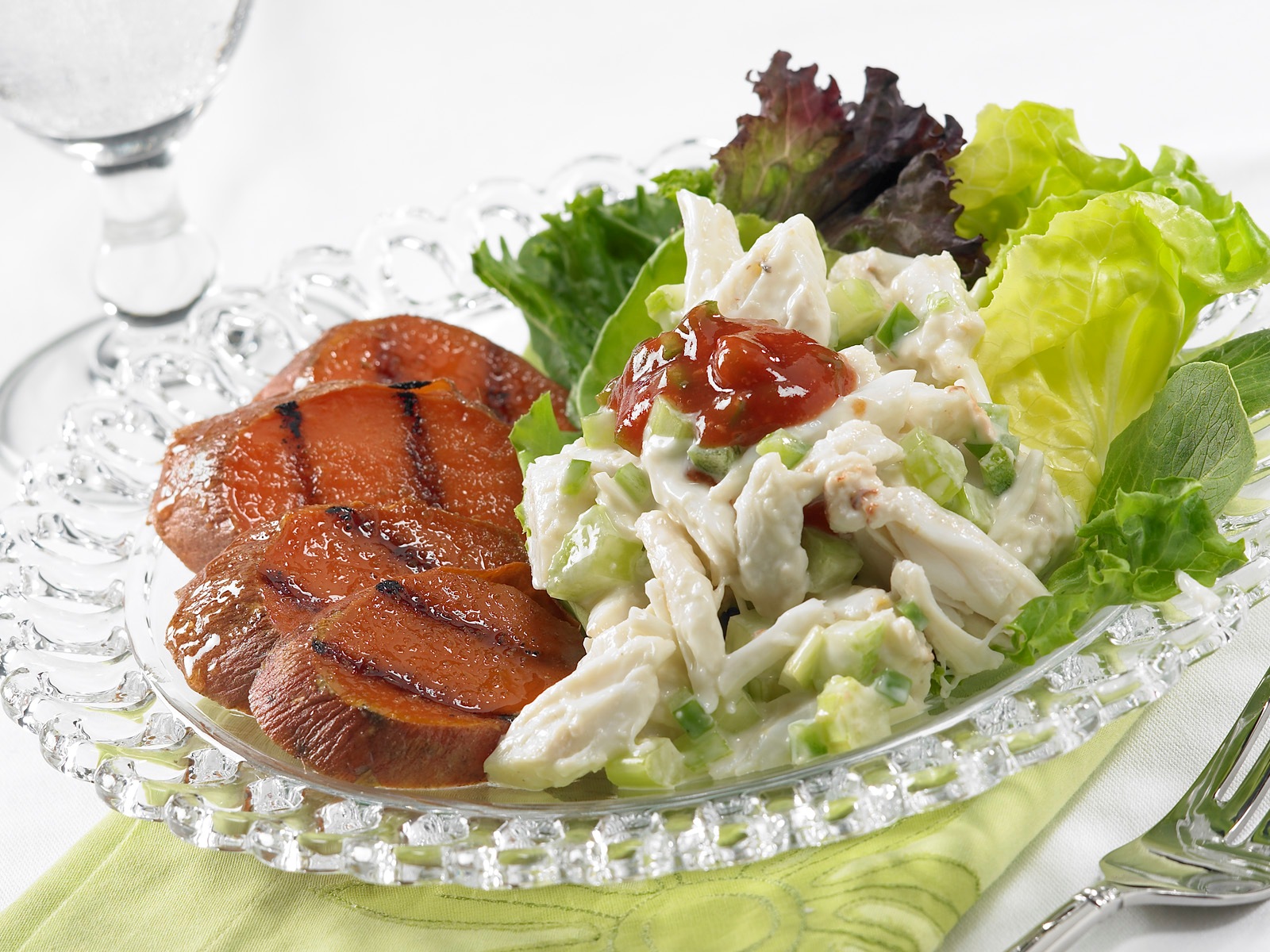 Crab and Grilled Sweet Potato Salad Recipe features a Jalapeno Cream Sauce